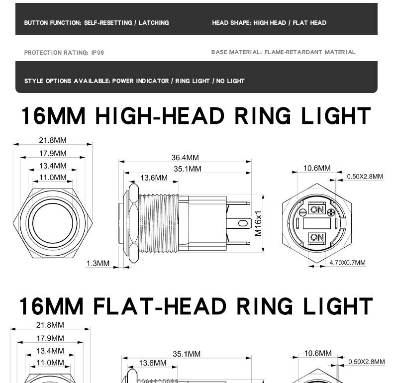 16mm Metal Button Switch 10A High Current LED Light Self-Locking and Self-Reset Button Switch High Power Black