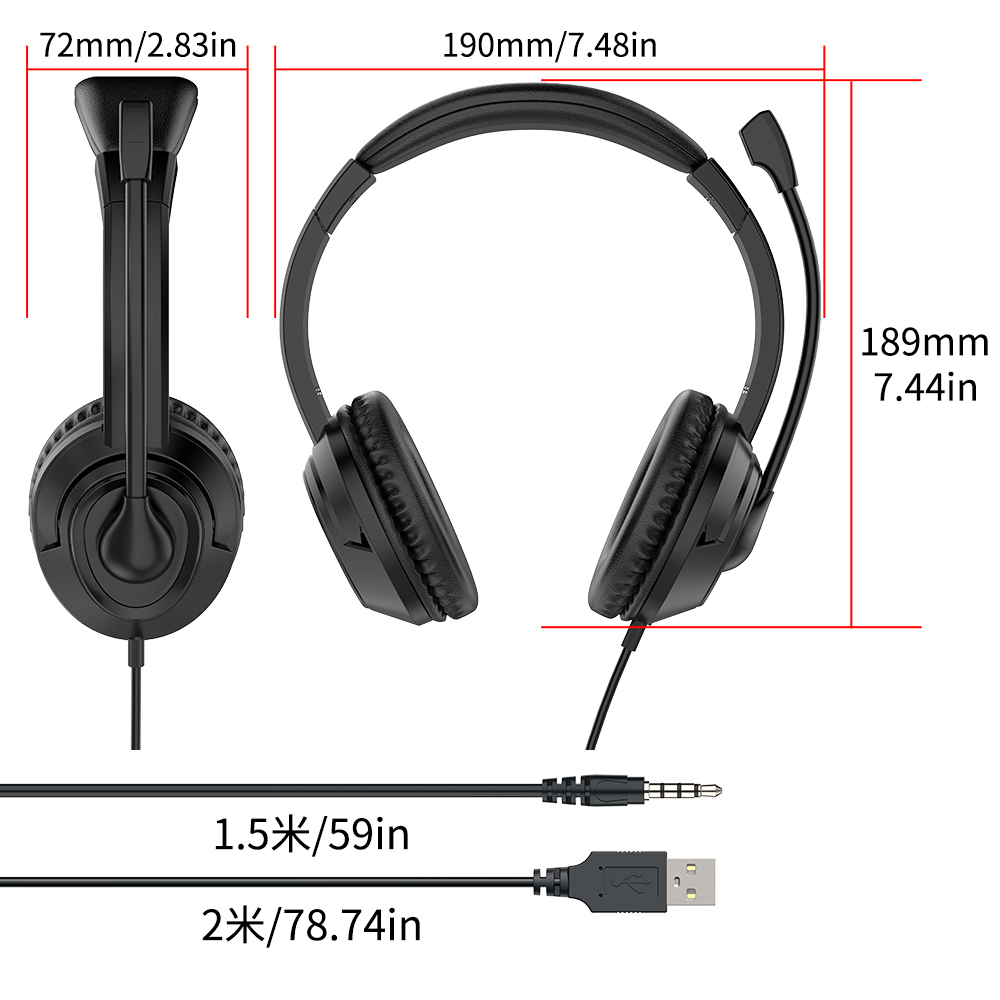 JTY-1026Wired Call Center Headset with  Microphone, 3.5mm/USB/Type‑C Multi‑Interface Over‑Ear Headphone, Volume Control Wired Headset for Office Conference Online Class Home Work,OEM/ODM customization