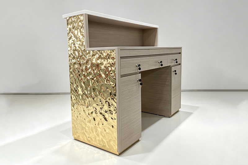 Luxury Water Ripple Gold Metal Reception Counter With Multi-Lock Storage & Custom Backlit Logo Panel