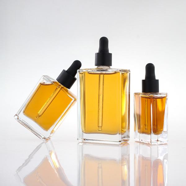 Flat Square Rectangle Serum Glass Dropper Bottles 100ml With Black Gold Collar