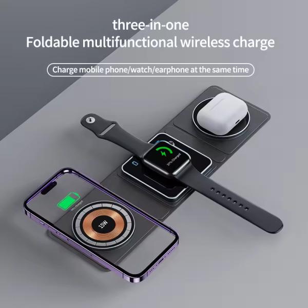 Cargador inalámbrico magnético plegable de 9V/2A de entrada 3 en 1 para teléfono móvil portátil de carga rápida universal