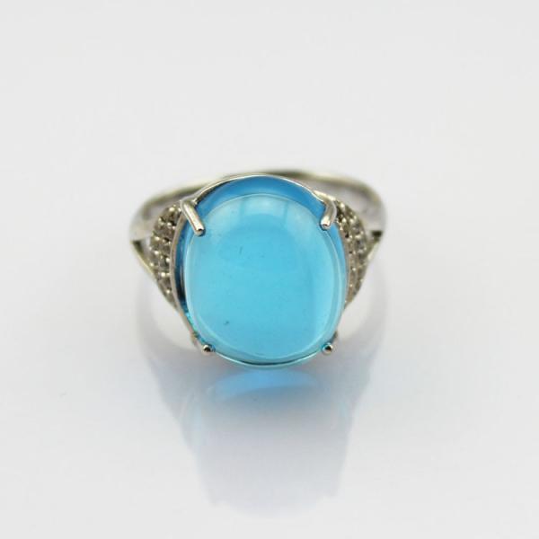 Sterling Silver Cubic Zircon  Ring 12mm x14mm Oval Dome Cut Blue Topaz Ring (R149)