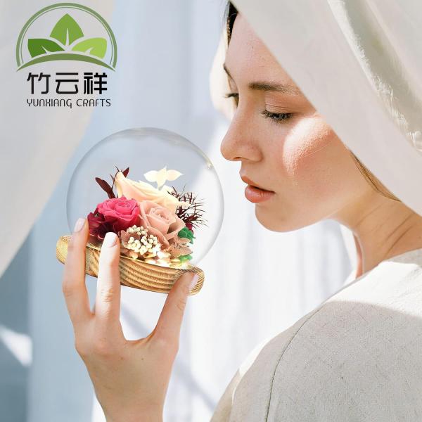 Customized Wooden Base Eternal Rose Preserved Rose in Beautiful Creative Design Strong Glass Dome Gift