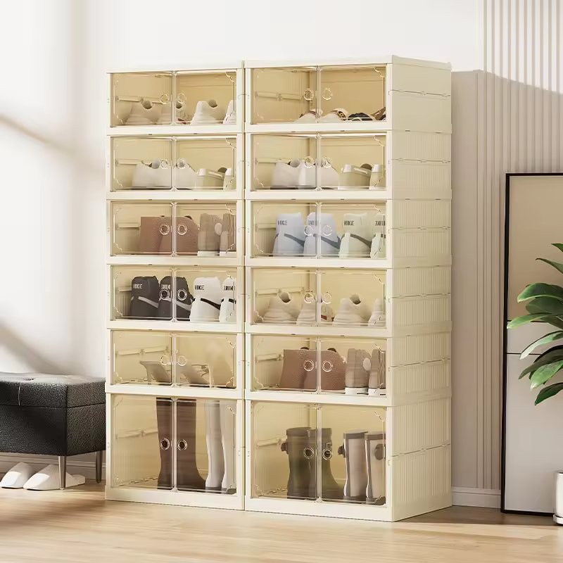 Durable Beige Clear Shoe Storage Cabinet Stackable Magnetic Closure Drawers with Ventilated Top for Modern Home Organization