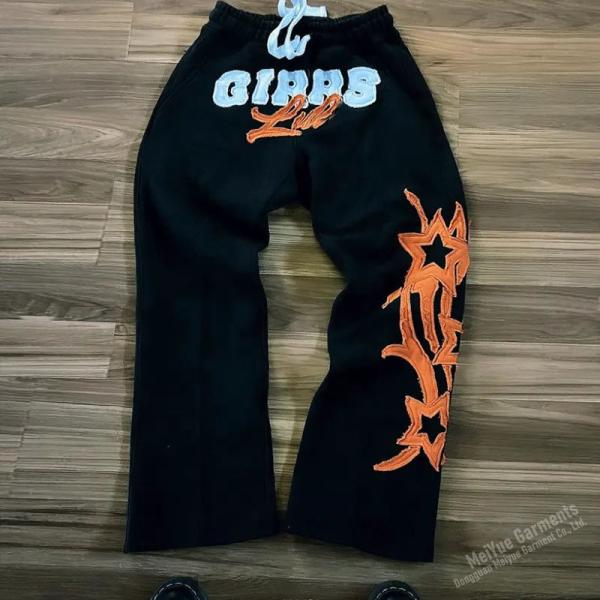 Mens Graphic Sweatpants Puff Print Logo Heavyweight Embroidered Patch Black Flared Joggers