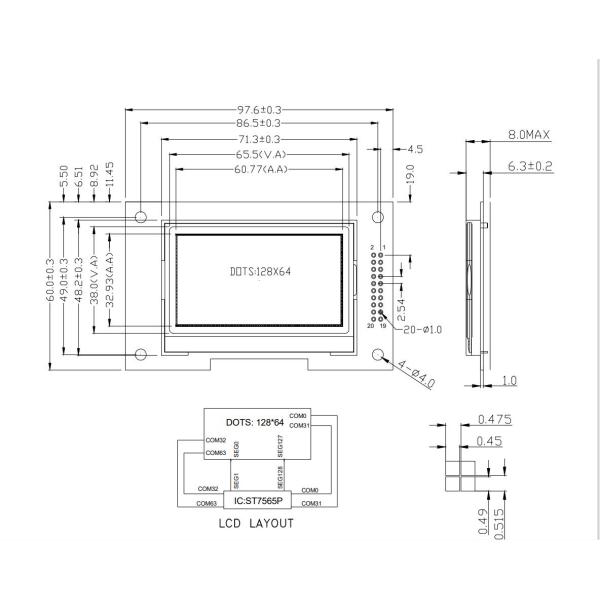 3 дюйма 128 * 64 точечный матричный ЖК-модуль, управляющий IC ST7565P 4WIRE-SPI интерфейс
