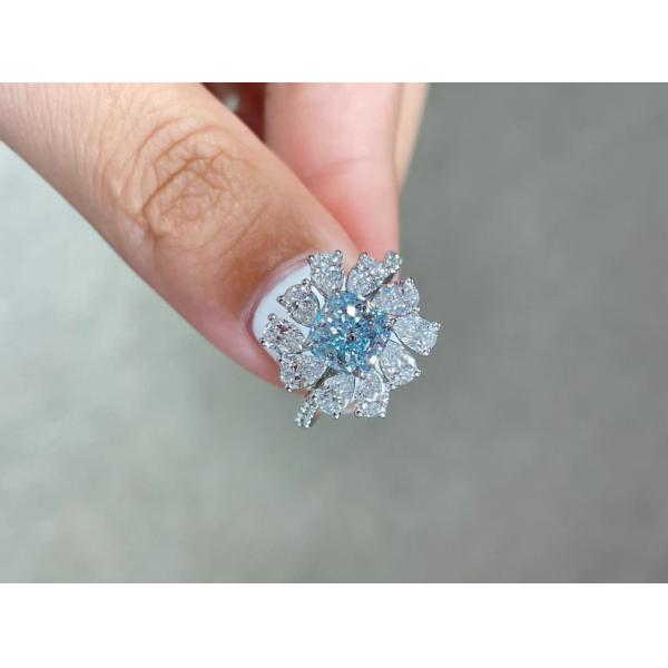 3.284ct Подушечный рез Sky Blue CVD Синтетические алмазные кольца Luxury 18K White Gold Set