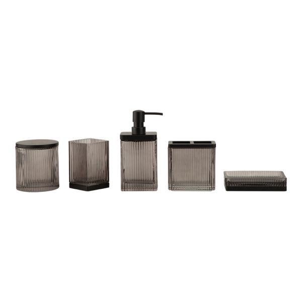 Glass bathroom accessories set rectangular shape with vertical stripe and metal part glass soap dispenser