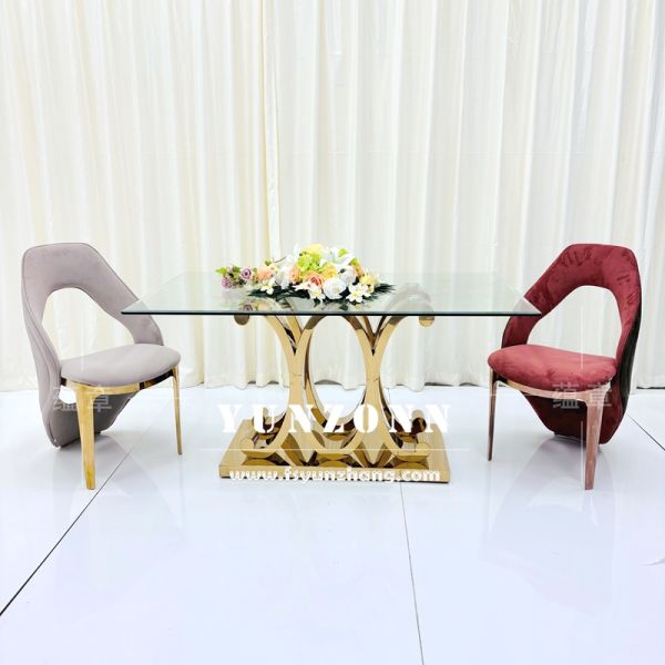 Special Golden Stainless Steel Luxury Glass Dining Table Sets for Bride and Groom for Wedding Events and Hotel Use