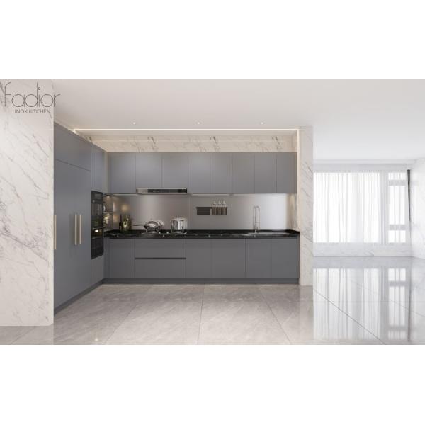Modern U-Shaped Grey Stainless Steel Kitchen Cabinet With Marble Finish