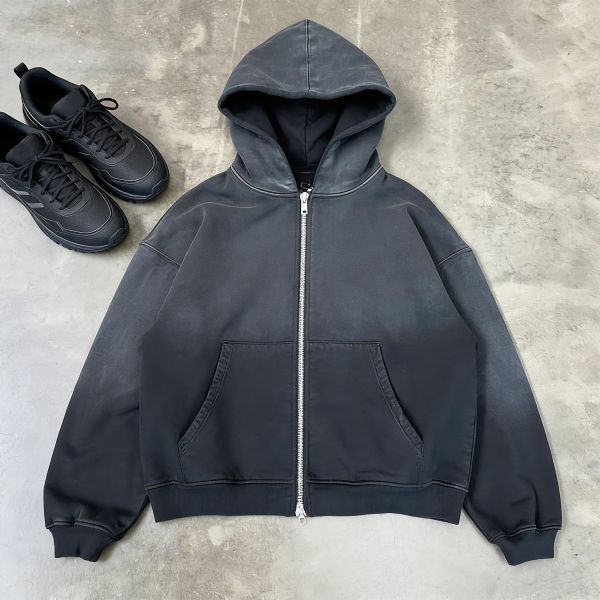 Custom Oversized Fit Heavyweight Acid Wash air Layer Zip up Sudaderas Hombre Blank High Quality Casual Basics Boxy Hoodies Men