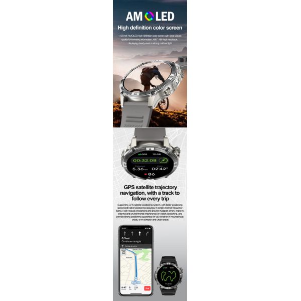 Eraysun GPS Motion Measure Rate HK08 Smartwatch 1.43 Inch AMOLED Screen HK08 Smart Watches