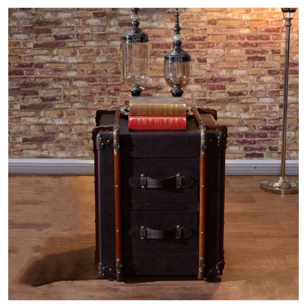 Nidea #8507 Classic Vintage Handmade Leather Trunk Cabinet Portable Storage Bedside Table with 2 Drawers for Living Room Furniture