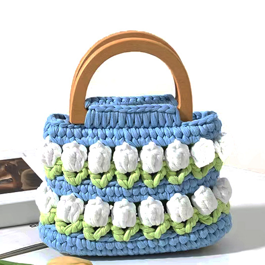 Wooden Handle Crochet Hand Bag Hand Woven Tulip Flower 16cm×15cm×6cm