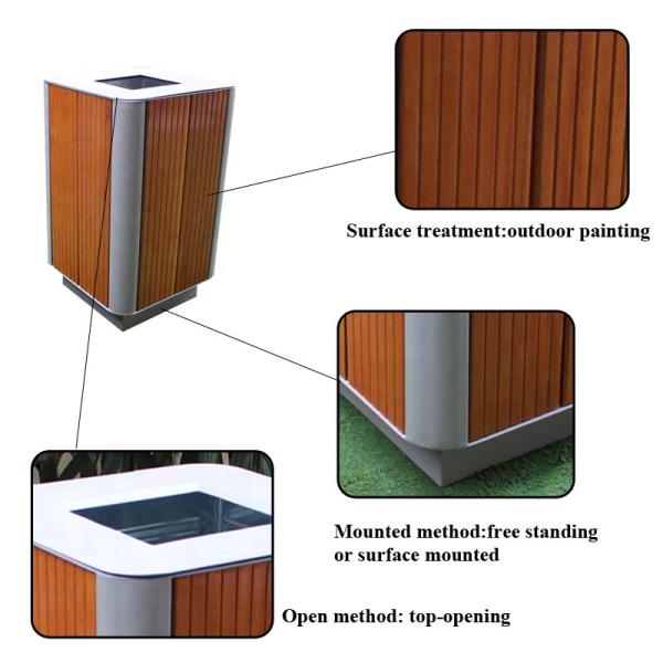 80 Liter Commercial Outdoor Trash Cans With Solid Wood Metal Material