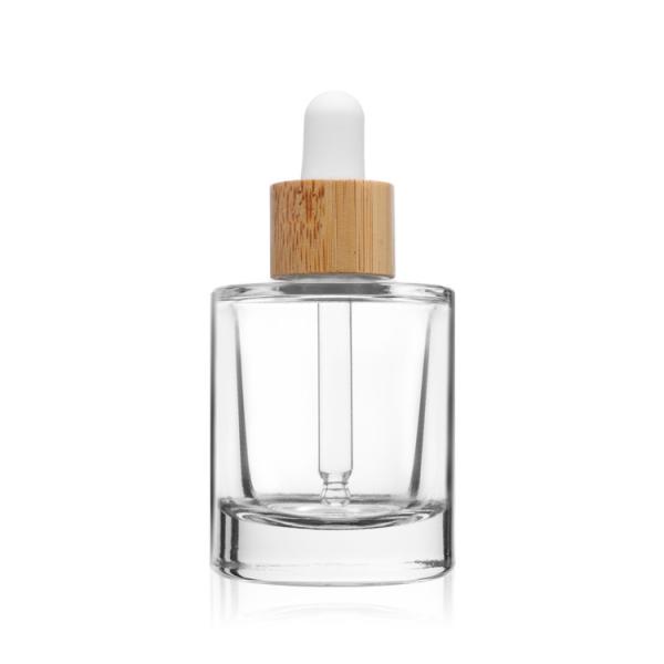 Garrafa de vidro clara de empacotamento cosmética do conta-gotas do soro da cara com tampa de bambu