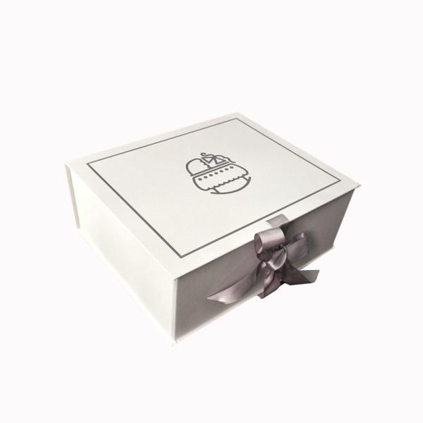Matte White Printed Logo Rigid Paper Gift Box Baby Gift Packaging With Ribbon Closure