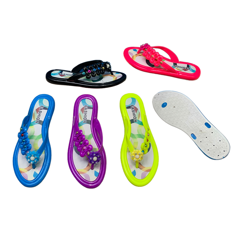 PVC Women Flip Flops With Jelly Color Strap, Colorful Rhinestones And Geometric Print Insole