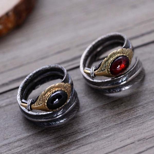 Red Agate Oxidized Feather 925 Sterling Silver Adjustable Ring (052639RED)