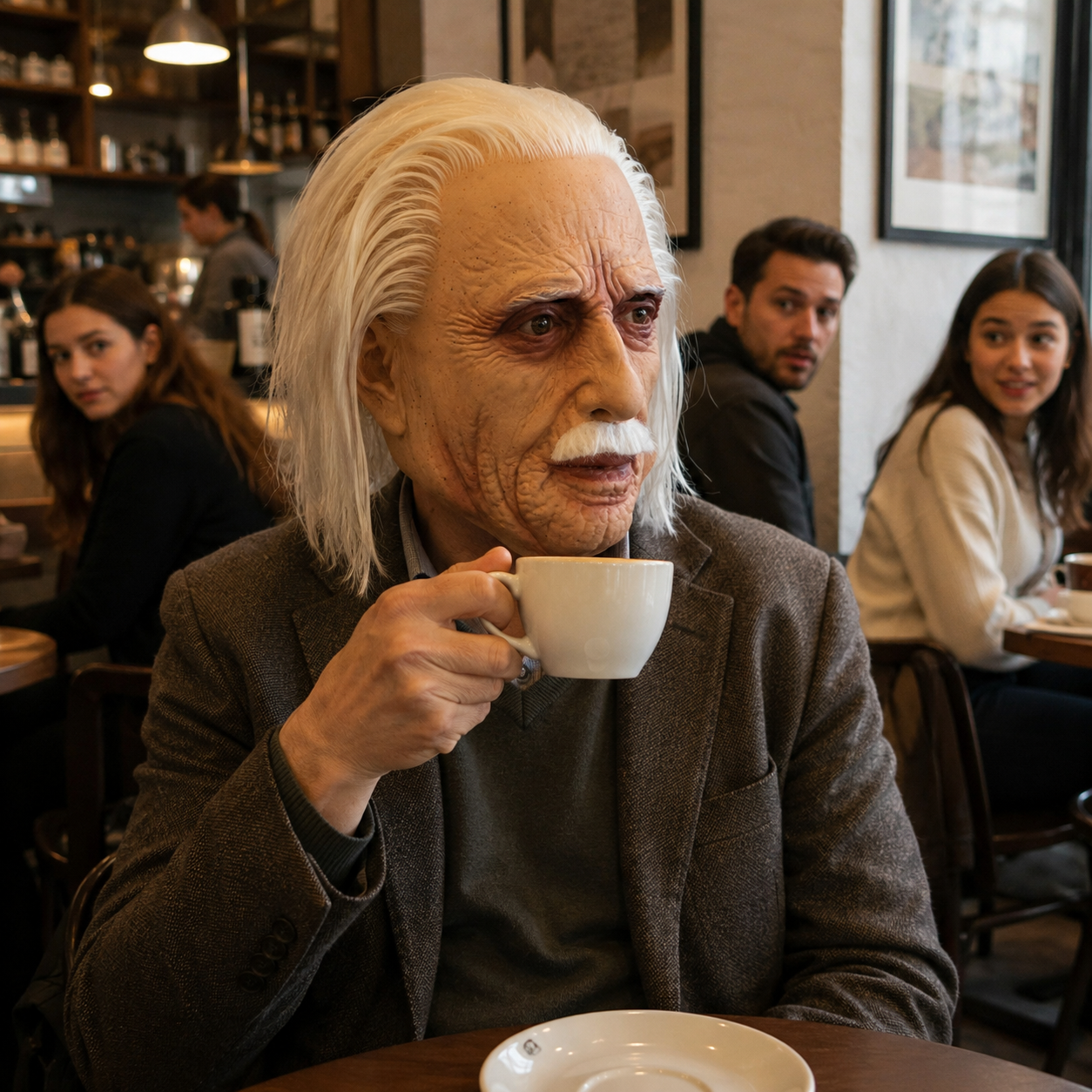 Short White Hair Old Man Latex Full Head Mask with White Mustache, Realistic Wrinkles, Detailed Skin Texture, Visible Eye Openings for Halloween Party Cosplay Costume
