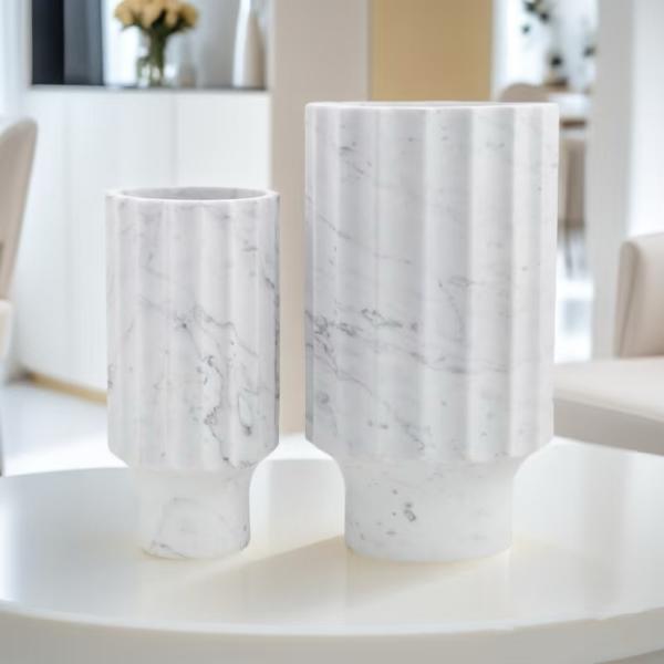 Italian Carrara Decorative Stone Vase White Fluted Stone Flower Vase