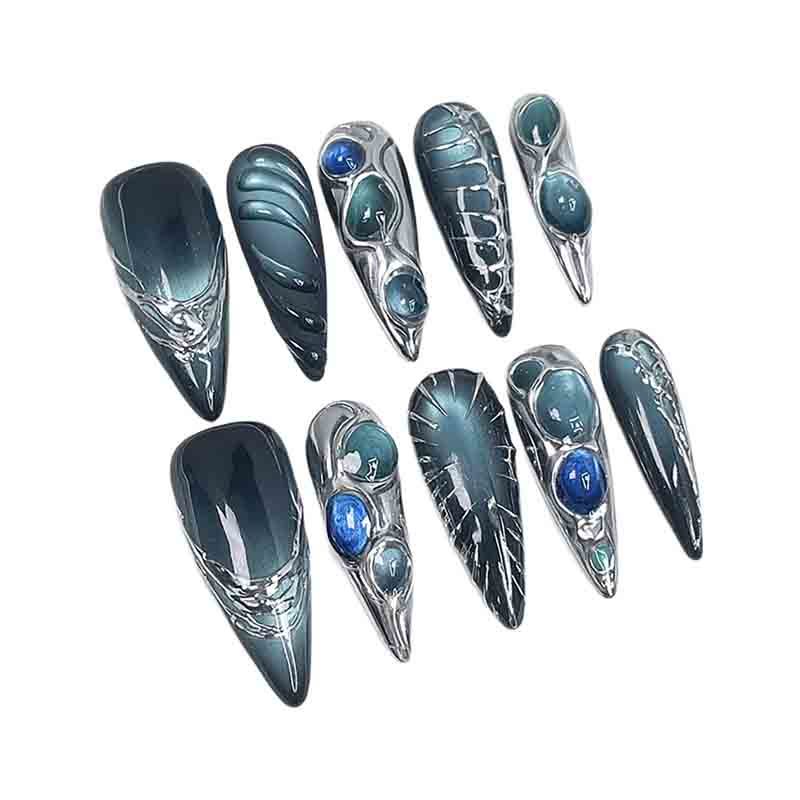 Reusable Cyber Nail Art Handmade Fake Nails Long Stiletto Teal Silver Design