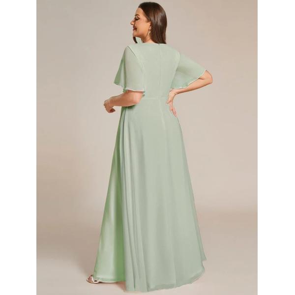 Charming Empire Applique A-line Short Flutter Sleeves V-neck Invisible Zipper Mint Green Chiffon Evening Dress