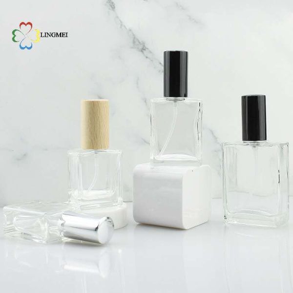 Wholesale Flat Square Glass Perfume Atomizer Bottles | 10ml, 15ml, 30ml Empty Refillable Spray Bottles with Metallic Aluminum& Wooden Caps