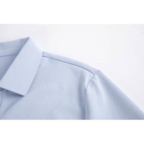 Women's Light Blue Long Sleeve Polo Top with Breathable Piqué Knit and V-Neck Placket