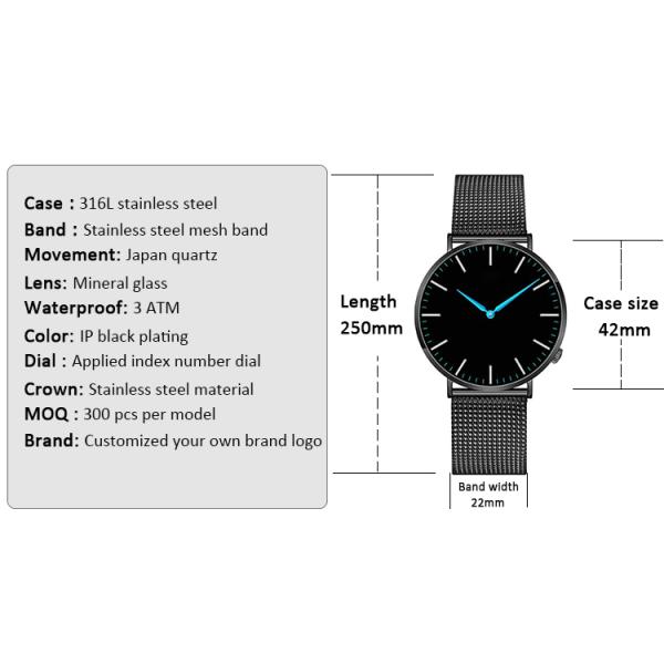 Ultra Thin Stainless Steel Back Quartz Watch , Black Color Quartz Dress Watch