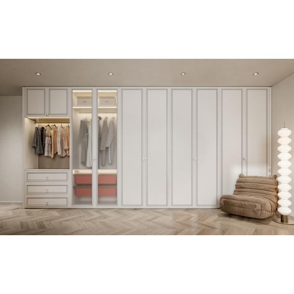 Современный минималистский гардероб с гладкими белыми дверными панелями и пушистым оборудованием