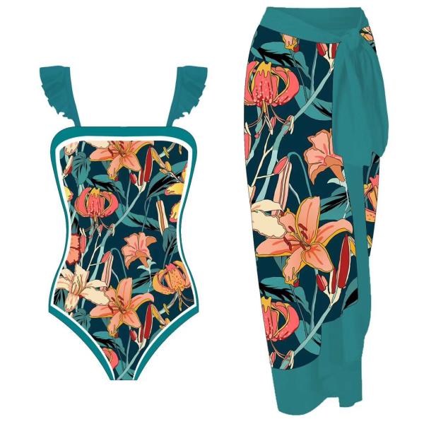O biquini franjado três senhoras do roupa de banho da parte pisca pano flor do terno de natação de 3 partes que imprime o material de nylon