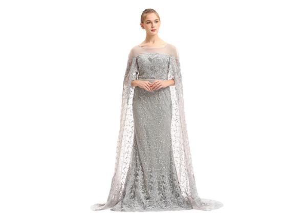 Embroidery Lace Muslim Evening Dress With Long Cape / Grey Prom Dress