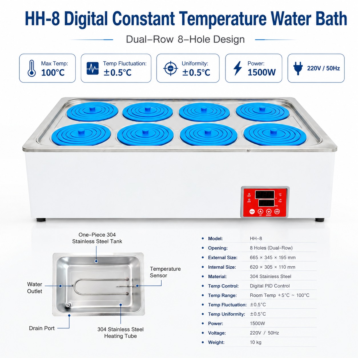 Cenlee Aquaculture Hygiene Education Lab Safe Heating HH-8 8-Hole PID Control 100°C Water-Shortage Protection Digital Water Bath