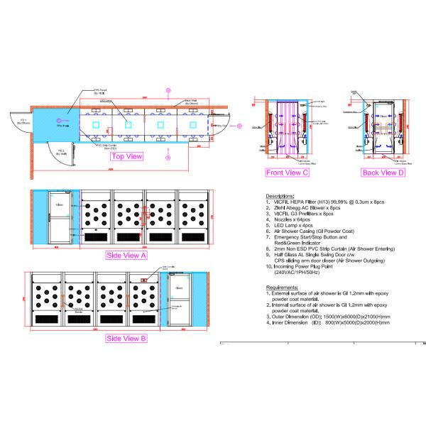 5000m Length Stainless Steel Air Shower Tunnel 1.1KW For Pharmaceutical Plant