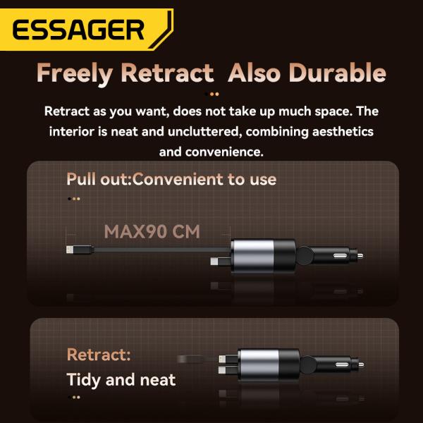 ESSAGER SHE-6001 45W PD 30W Car Charger with Fast USB C Lighting Cable Aluminium Alloy PC Material