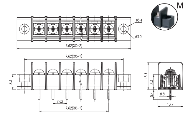 15A Rated Current 7.62mm Pitch PA66 Housing Barrier Terminal Block Power Terminal Block Connector