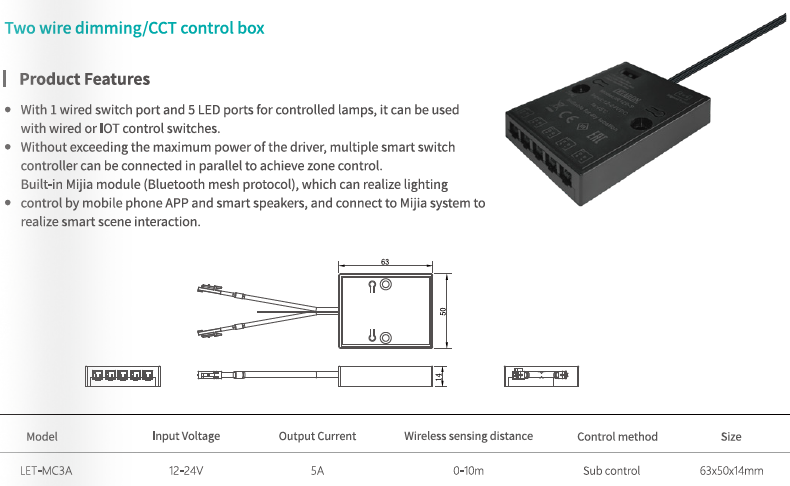 Letaron 12-24V 5A Smart Two-Wire Dimming/CCT Control Box Mijia System Compatible