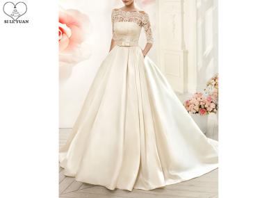 Cream Laces Satin Ball Gown Wedding Dress With Sleeves Back Zipper And Buttons