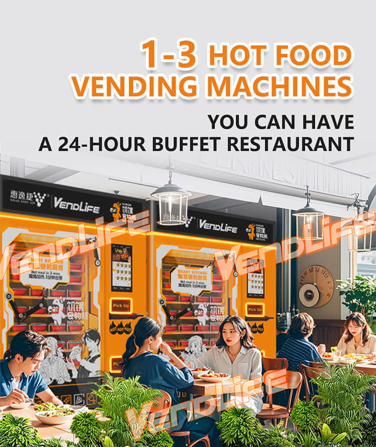 VendLife Dual Microwave Bento Vending Machine: 24/7 hot meal vending kiosk. 2x4000W, 45s, 110-168 boxes, QR & face-pay. Offices, factories. Operators, wholesalers, vending entrepreneurs.