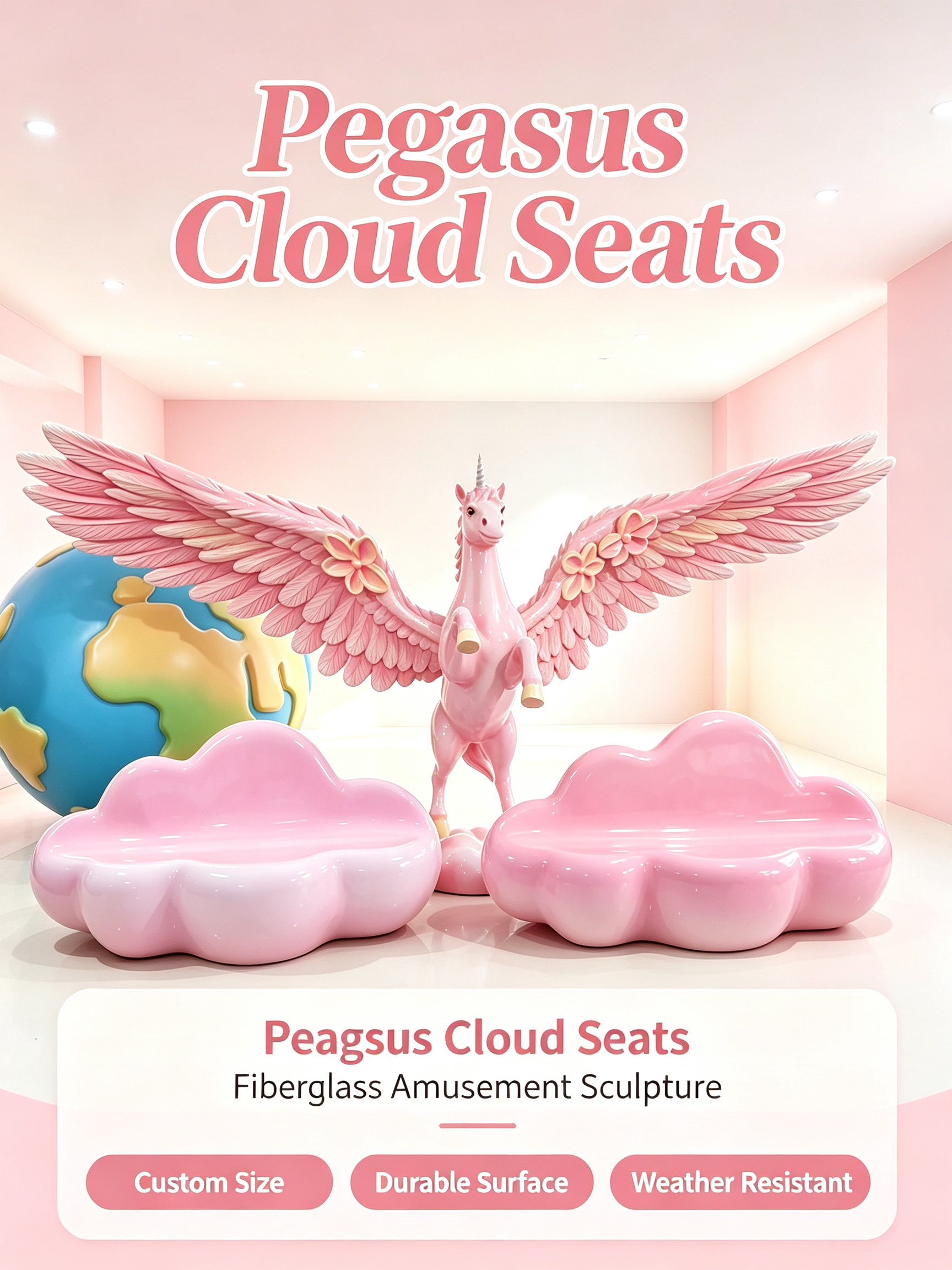 Waterproof IP65 UV-resistant Fiberglass Sculpture with Customizable Unicorn Statue and Cloud Bench Set