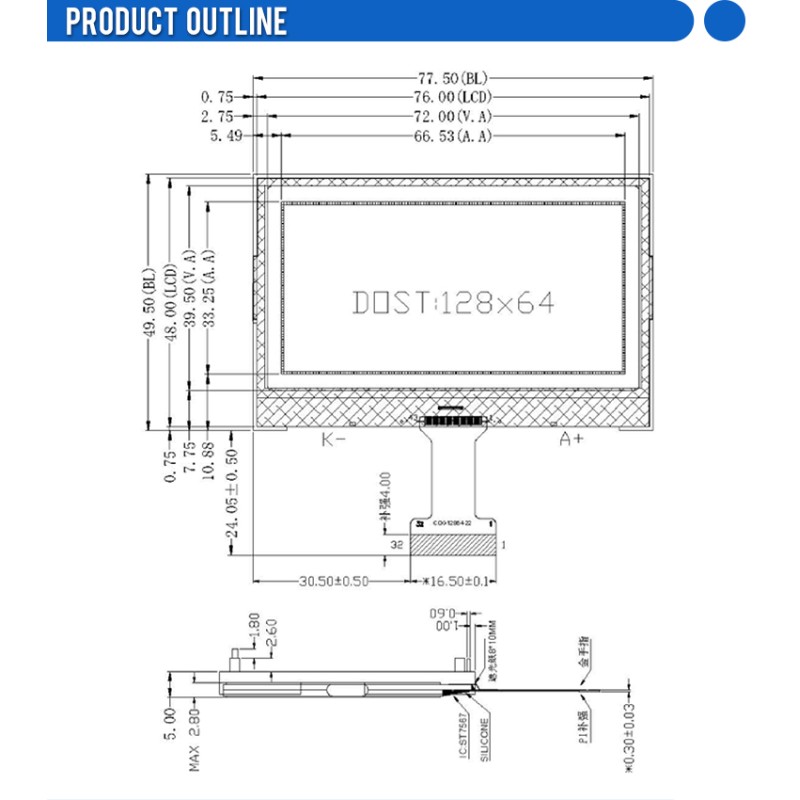 COG12864-22 Gray Film Stn Material \ 32 PIN I2C \ SPI Module ST7567 COG Matrix Screen
