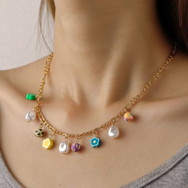 Beach Holiday Colorful Flower Pearl Collar Chain Forest Fairy Soft Pottery Small Flower Chain Necklace Pastoral Style Necklace