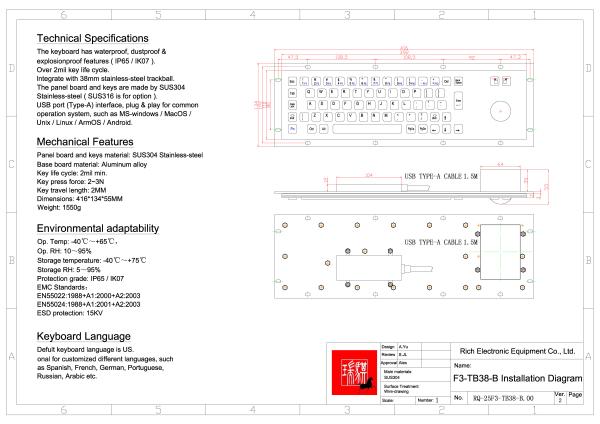 KIOSK IP65/IK07 Stainless Steel Industrial Keyboard With Trackball Waterproof Dustproof  Explosionproof Rear Panel Mounted -40℃