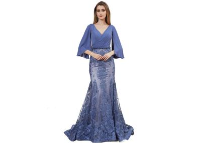 Blue Color Simple Europe Style Half Sleeve Evening Dresses / Mermaid Prom Party Gown