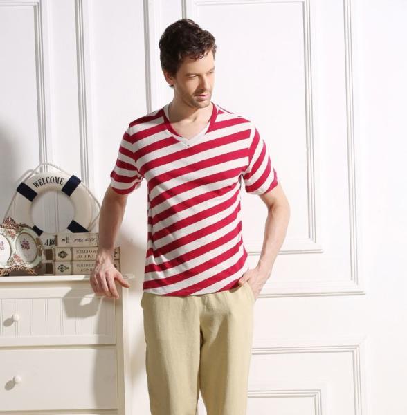 45% Cotton 55% Hemp Material Red And White Striped T Shirt Mens Casual Style