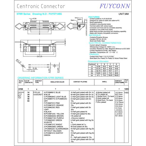 соединитель принтера PCB 50Pin Centronic прямоугольный женский с зажимом поруки