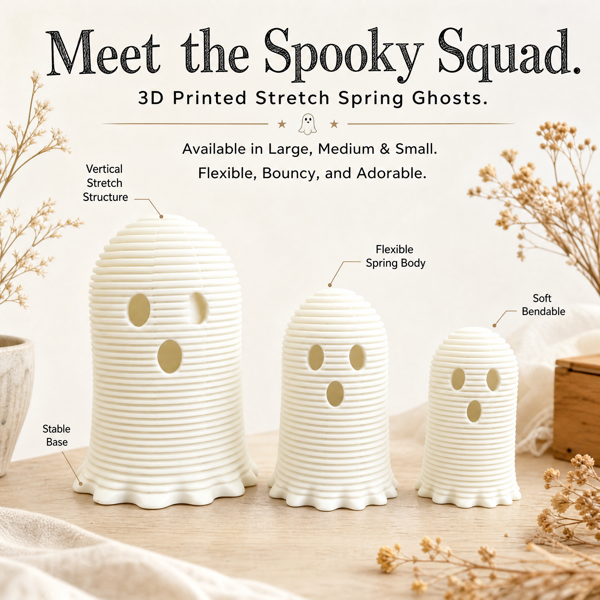 Stretch Spring Ghost Fidget Toy, 3D Printed Holiday Decoration for Halloween Table Decor