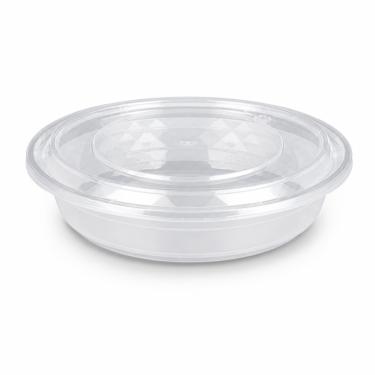 Clear Fitted Lid Disposable Food Bowls 1100ml Shallow Round PP Meal Tray