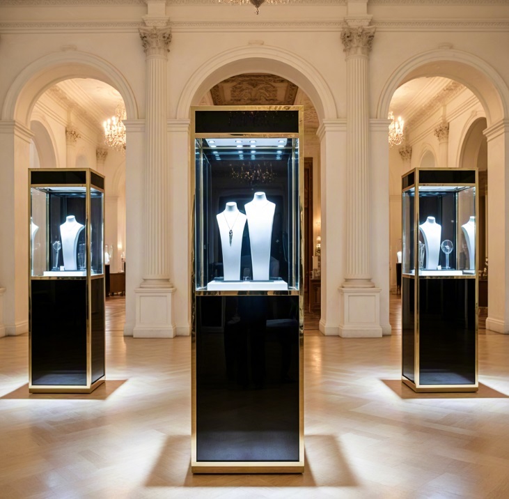 Freestanding Gold Trim Jewelry Display Cabinet with Built-in LED Lighting for